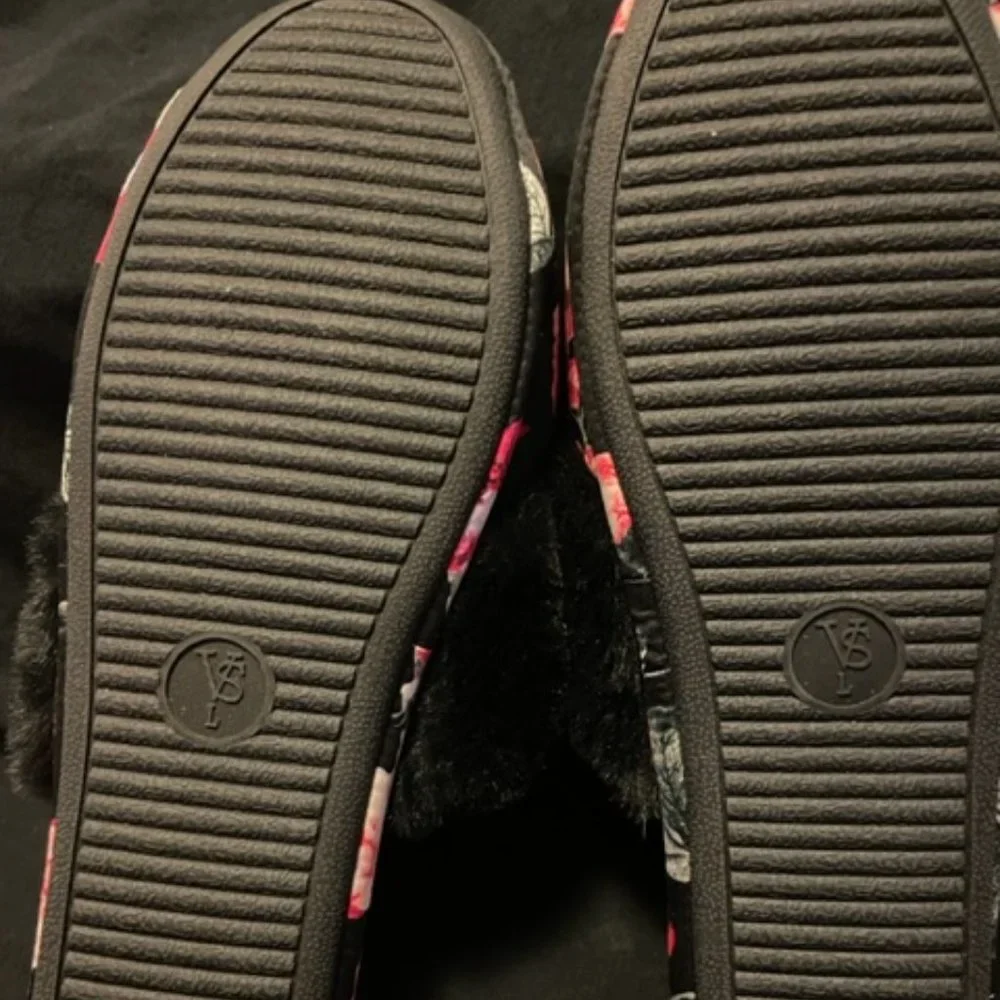 Victoria's Secret Floral Satin Slippers  faux fur trim. Size L  Black pink NWOT - Picture 12 of 12
